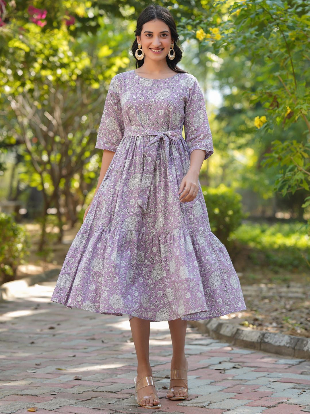 Janasya Light Cotton Floral Tiered Dress | Grocsy