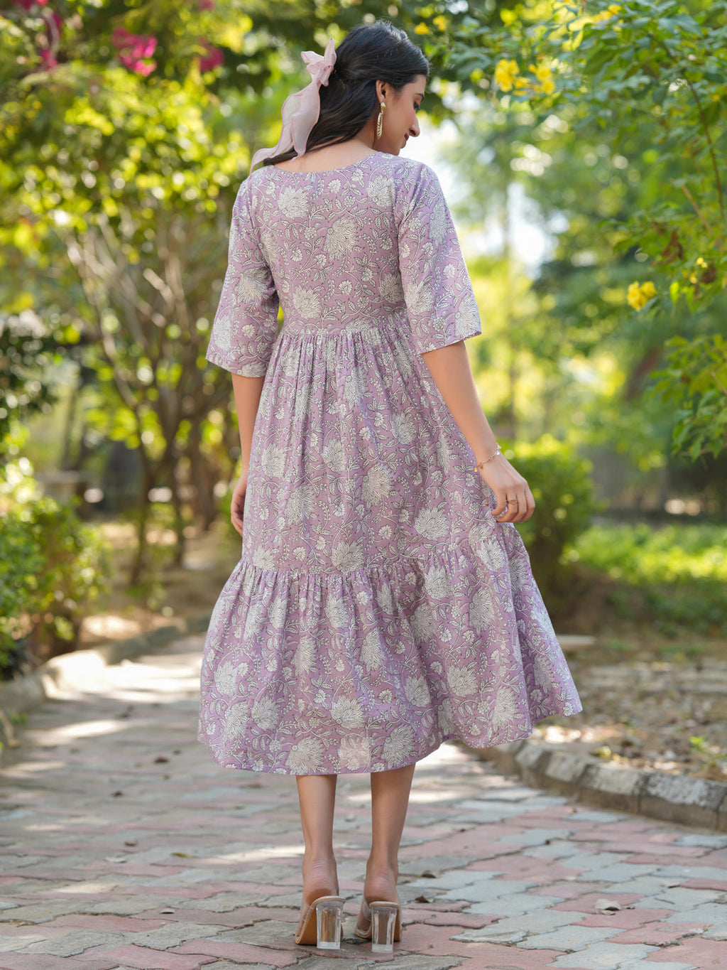 Janasya Light Cotton Floral Tiered Dress | Grocsy