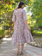 Janasya Light Cotton Floral Tiered Dress | Grocsy