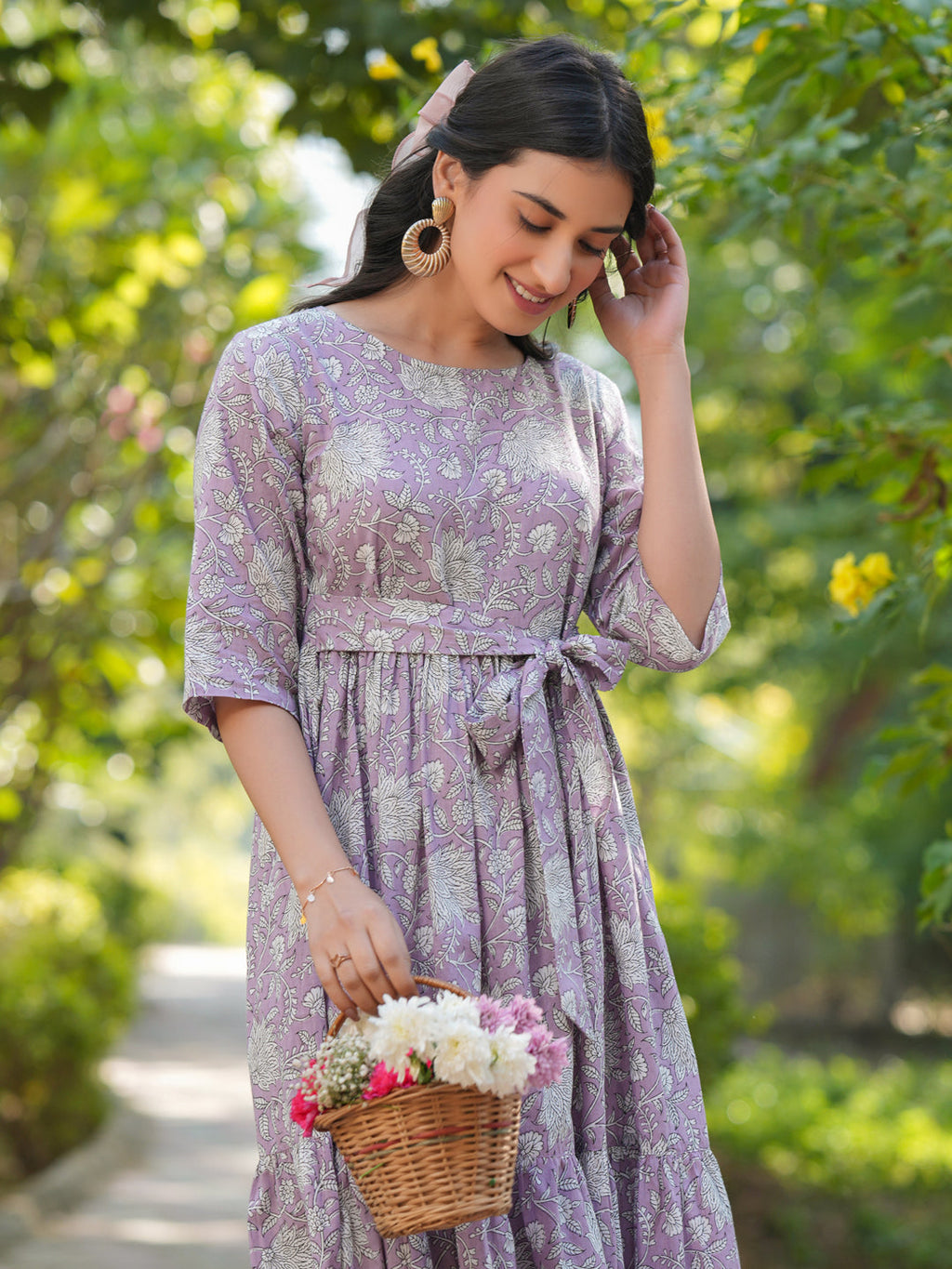 Janasya Light Cotton Floral Tiered Dress | Grocsy