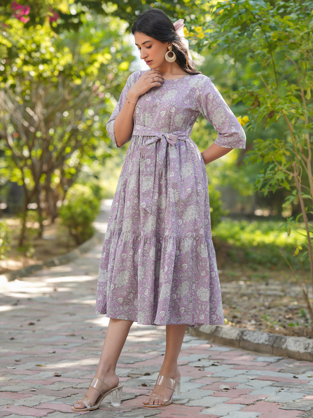 Janasya Light Cotton Floral Tiered Dress | Grocsy