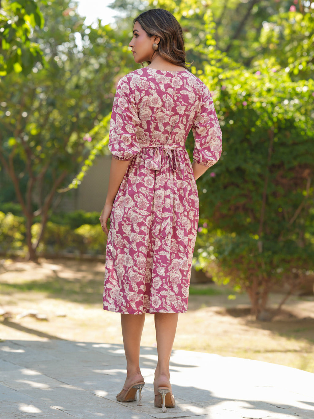Janasya Light Cotton Floral Gathered Dress | Grocsy