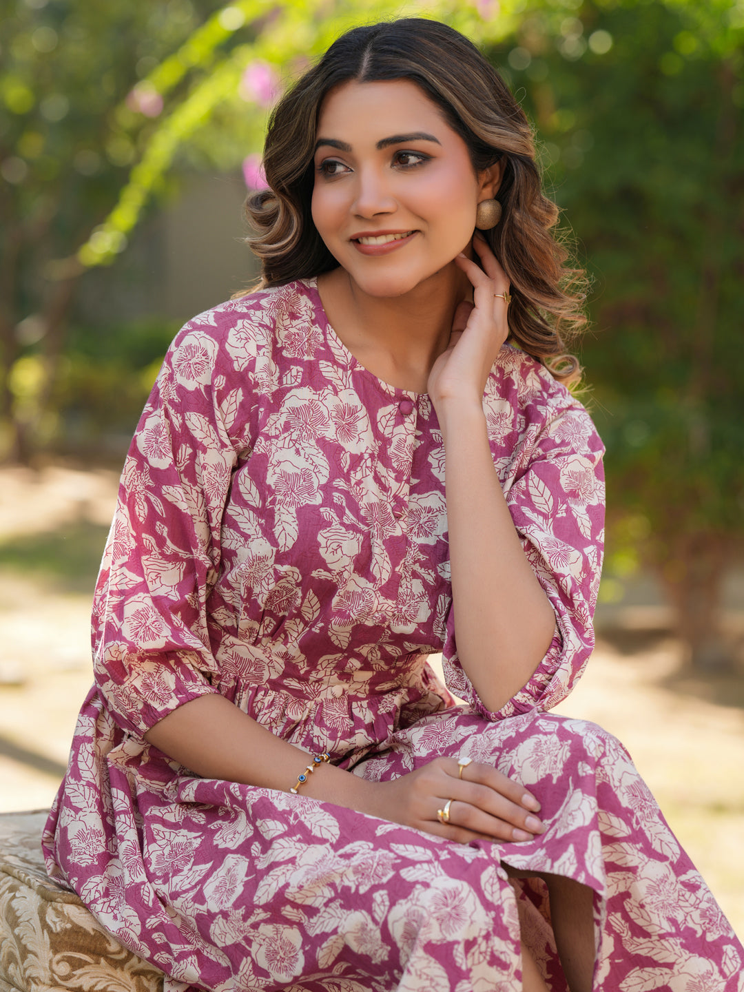 Janasya Light Cotton Floral Gathered Dress | Grocsy