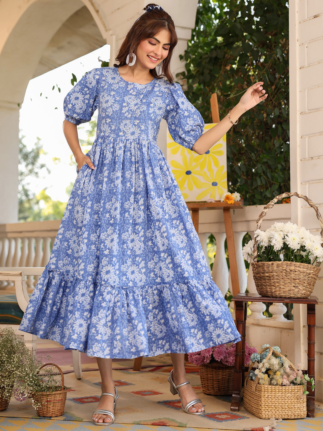 Janasya Light Cotton Floral Tiered Dress | Grocsy