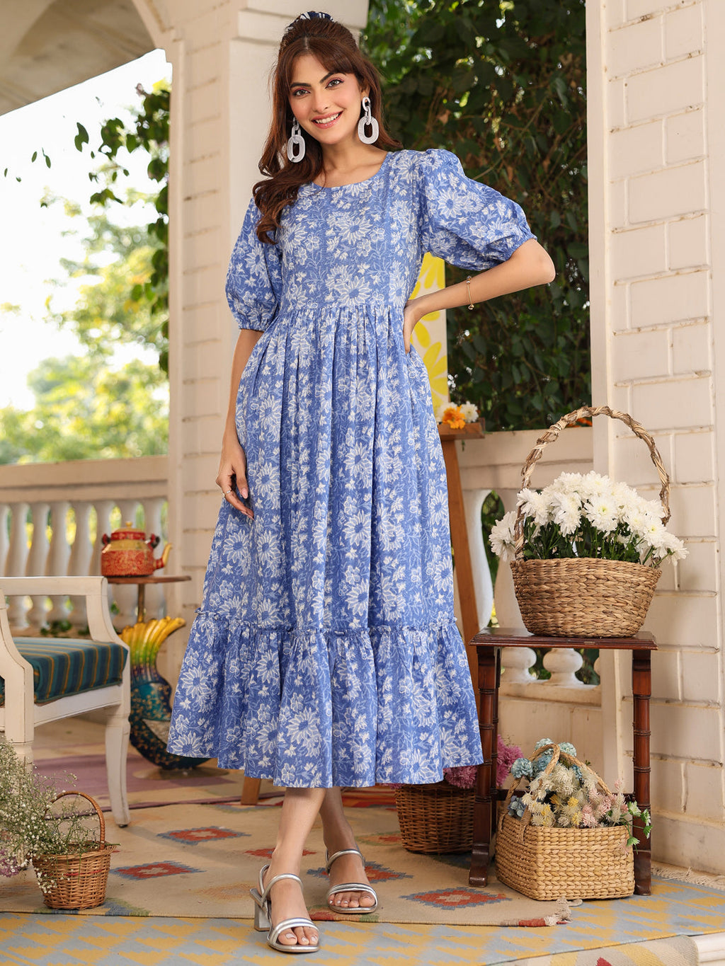 Janasya Light Cotton Floral Tiered Dress | Grocsy