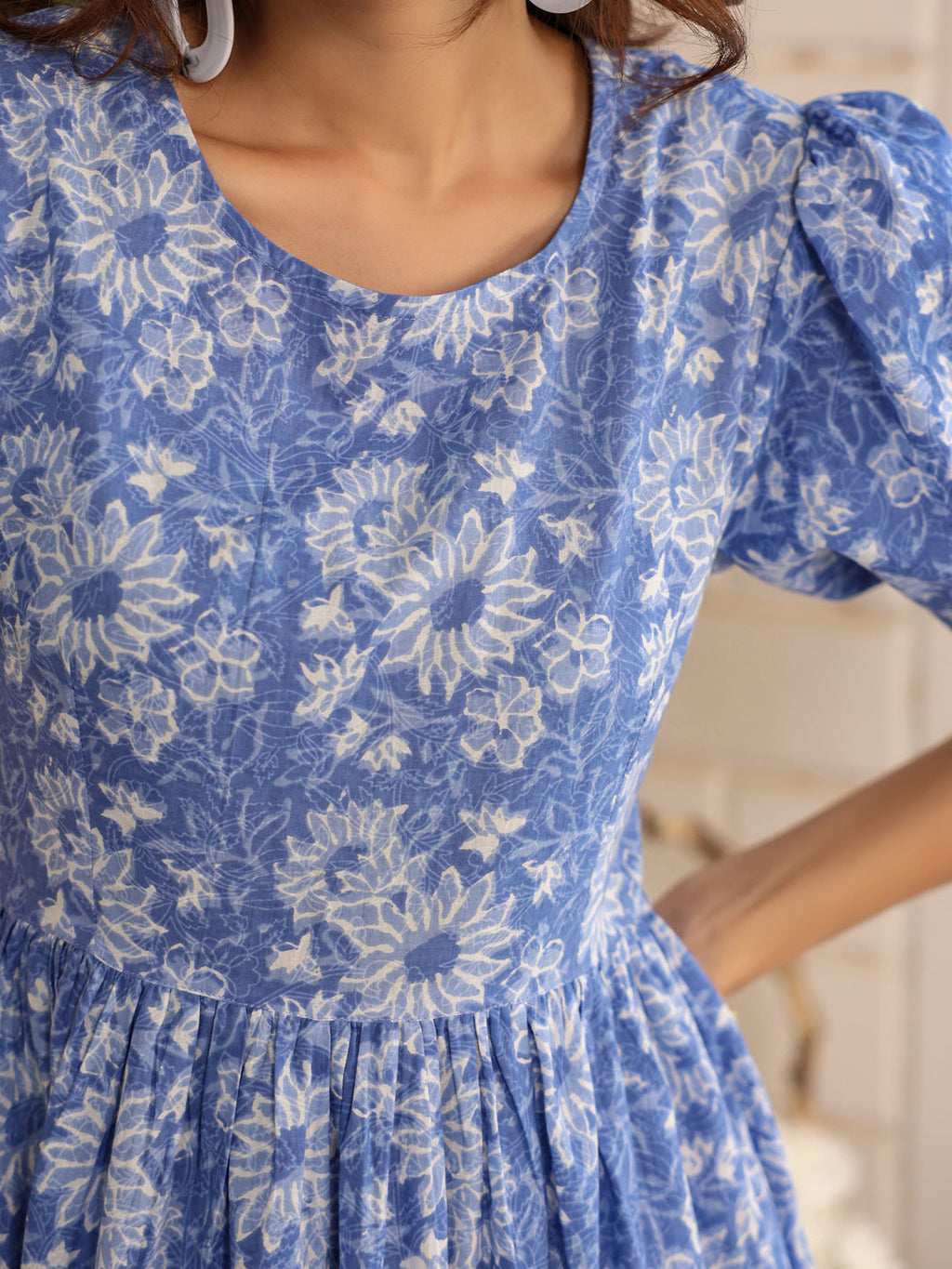 Janasya Light Cotton Floral Tiered Dress | Grocsy