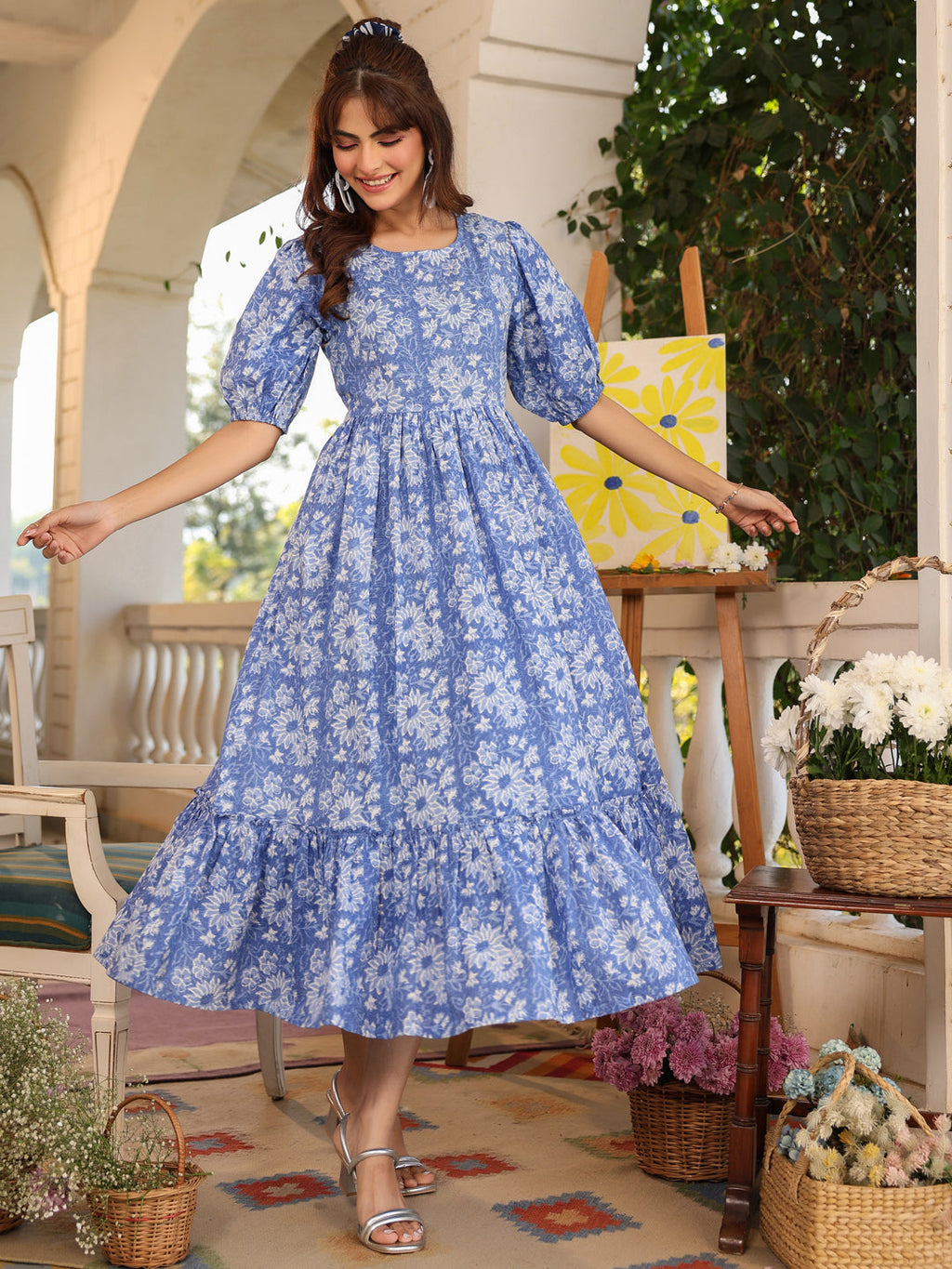Janasya Light Cotton Floral Tiered Dress | Grocsy