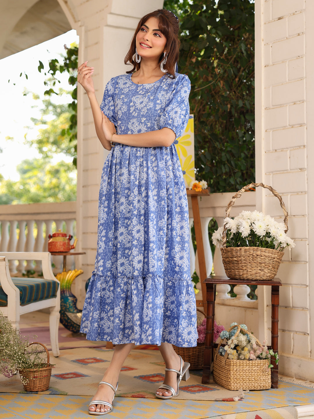 Janasya Light Cotton Floral Tiered Dress | Grocsy