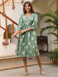 Janasya Dark Cotton Floral A-Line Dress | Grocsy