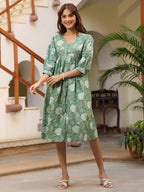 Janasya Dark Cotton Floral A-Line Dress | Grocsy
