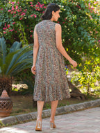 Janasya Dark Cotton Paisley A-Line Dress | Grocsy