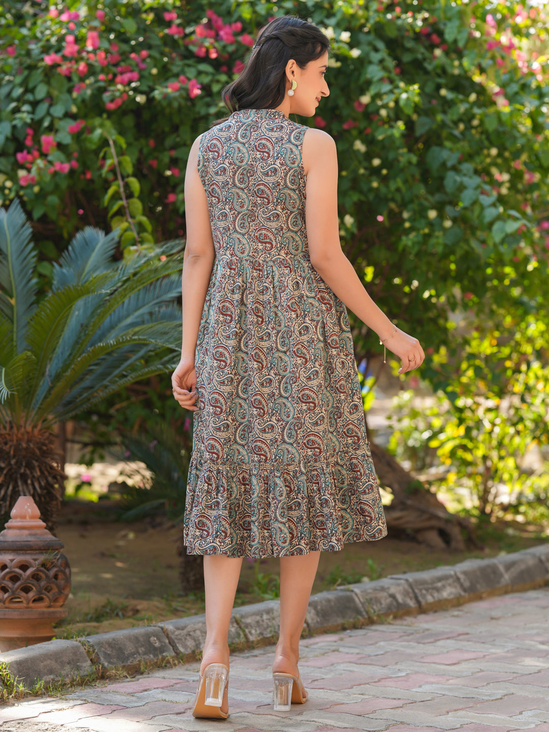 Janasya Dark Cotton Paisley A-Line Dress | Grocsy