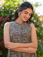 Janasya Dark Cotton Paisley A-Line Dress | Grocsy