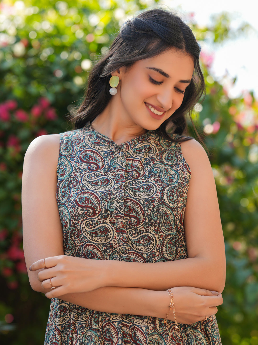 Janasya Dark Cotton Paisley A-Line Dress | Grocsy