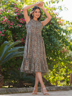 Janasya Dark Cotton Paisley A-Line Dress | Grocsy