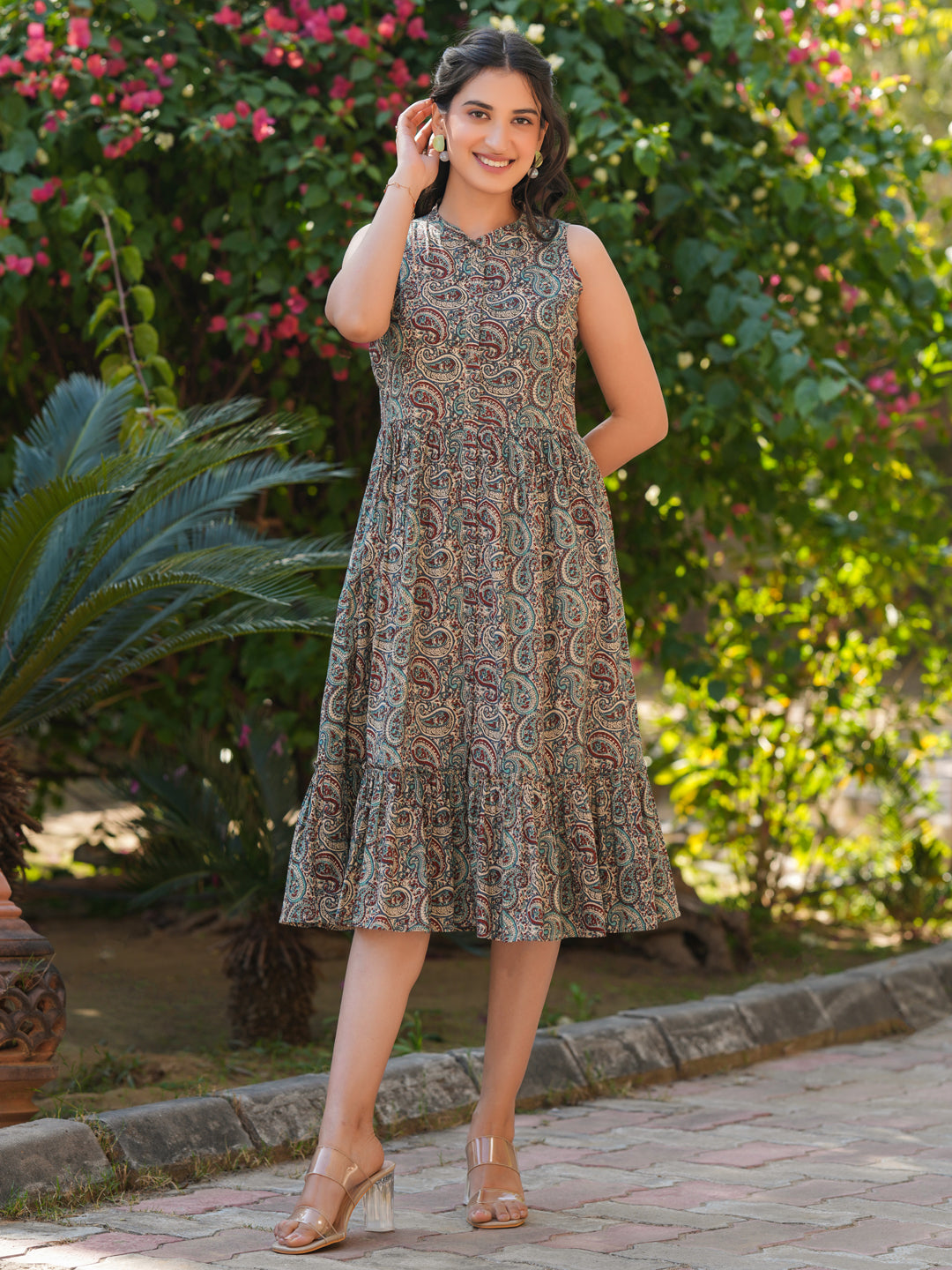 Janasya Dark Cotton Paisley A-Line Dress | Grocsy