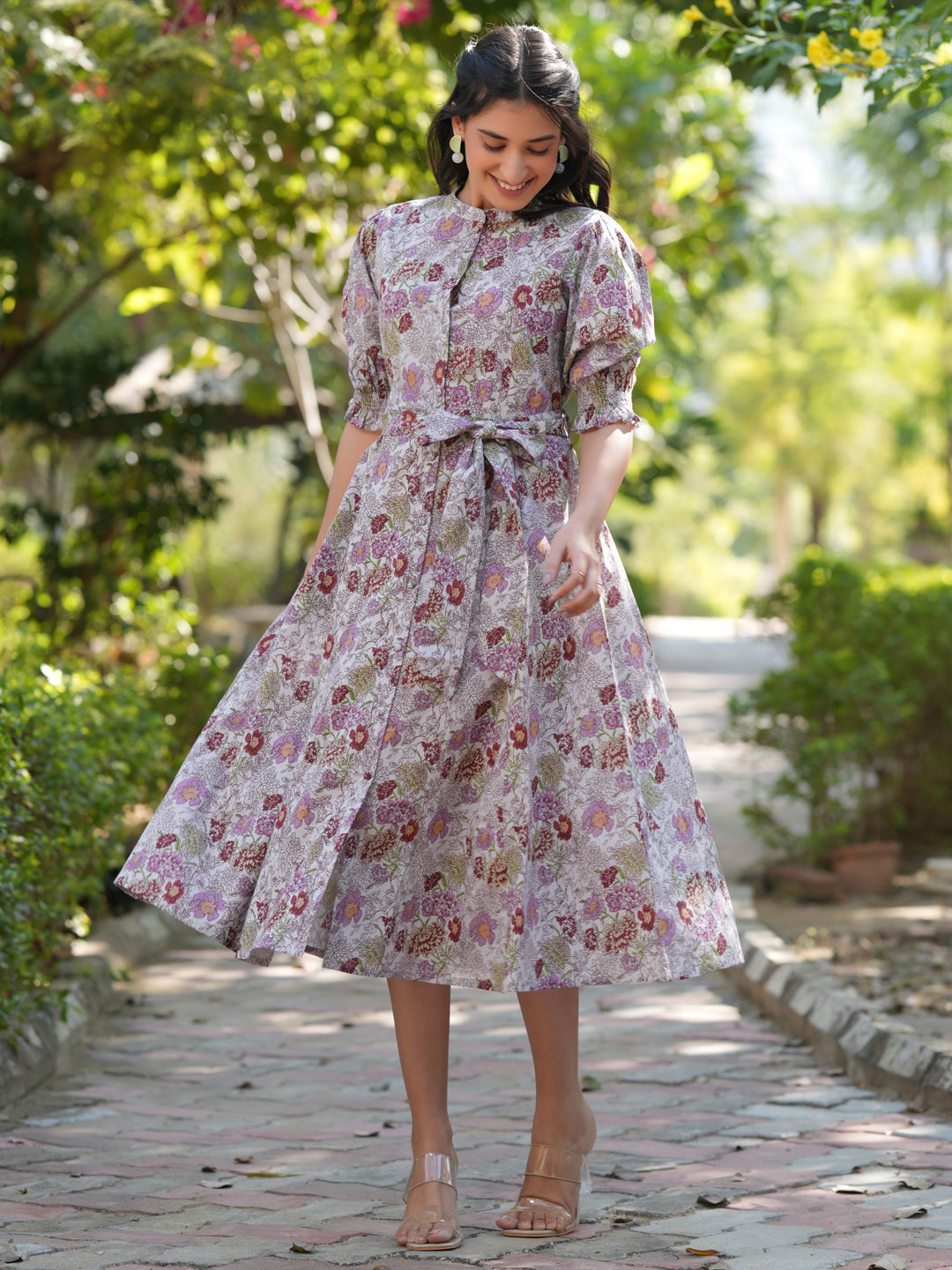 Janasya Dark Cotton Floral A-Line Dress | Grocsy