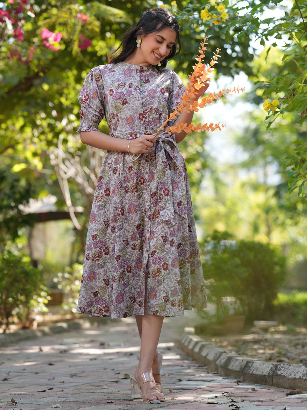 Janasya Dark Cotton Floral A-Line Dress | Grocsy
