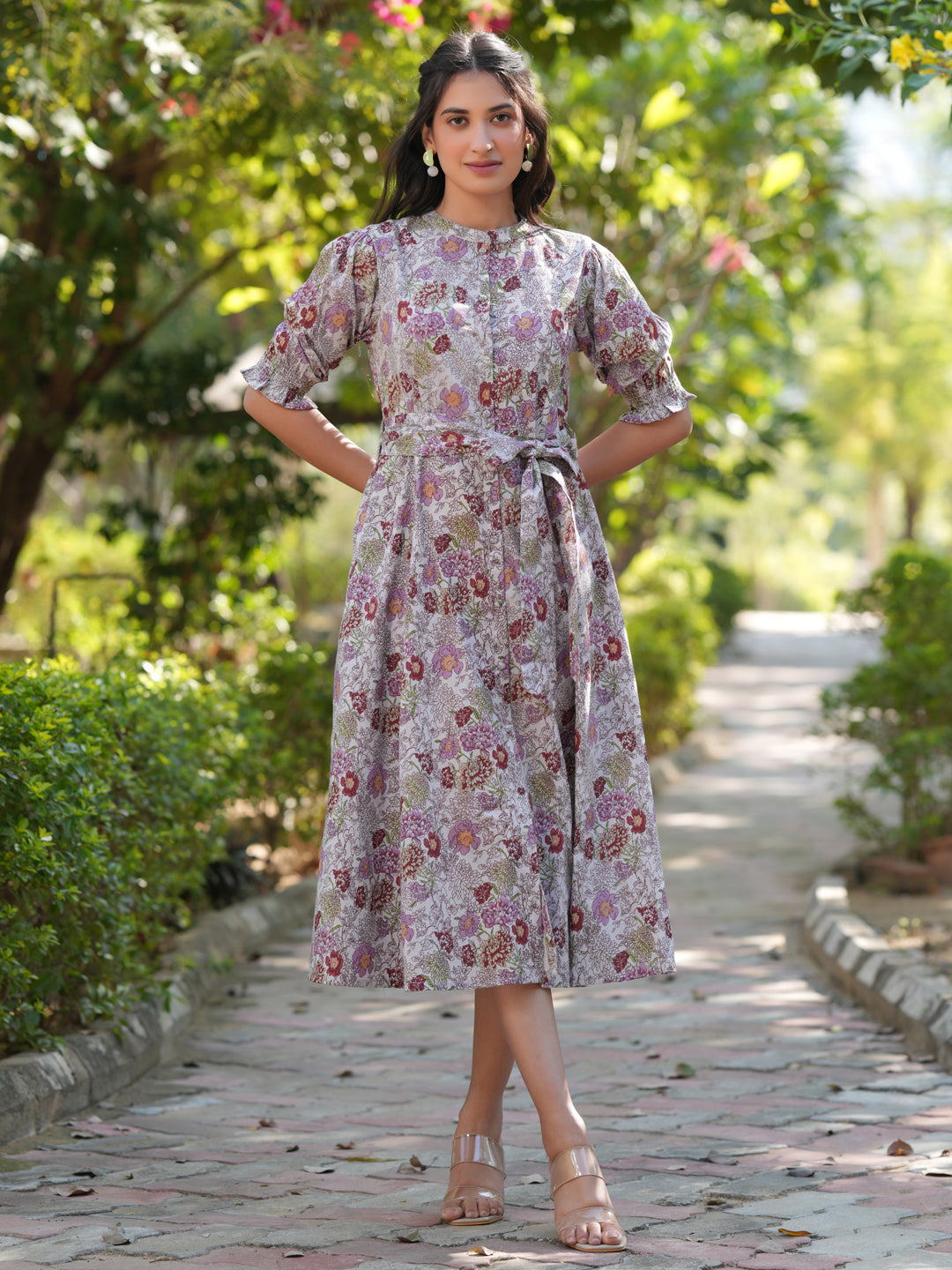 Janasya Dark Cotton Floral A-Line Dress | Grocsy