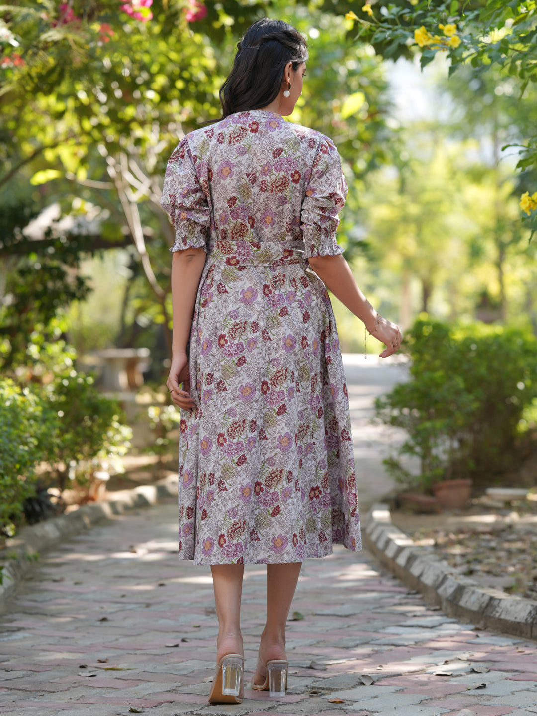 Janasya Dark Cotton Floral A-Line Dress | Grocsy