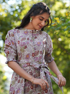 Janasya Dark Cotton Floral A-Line Dress | Grocsy