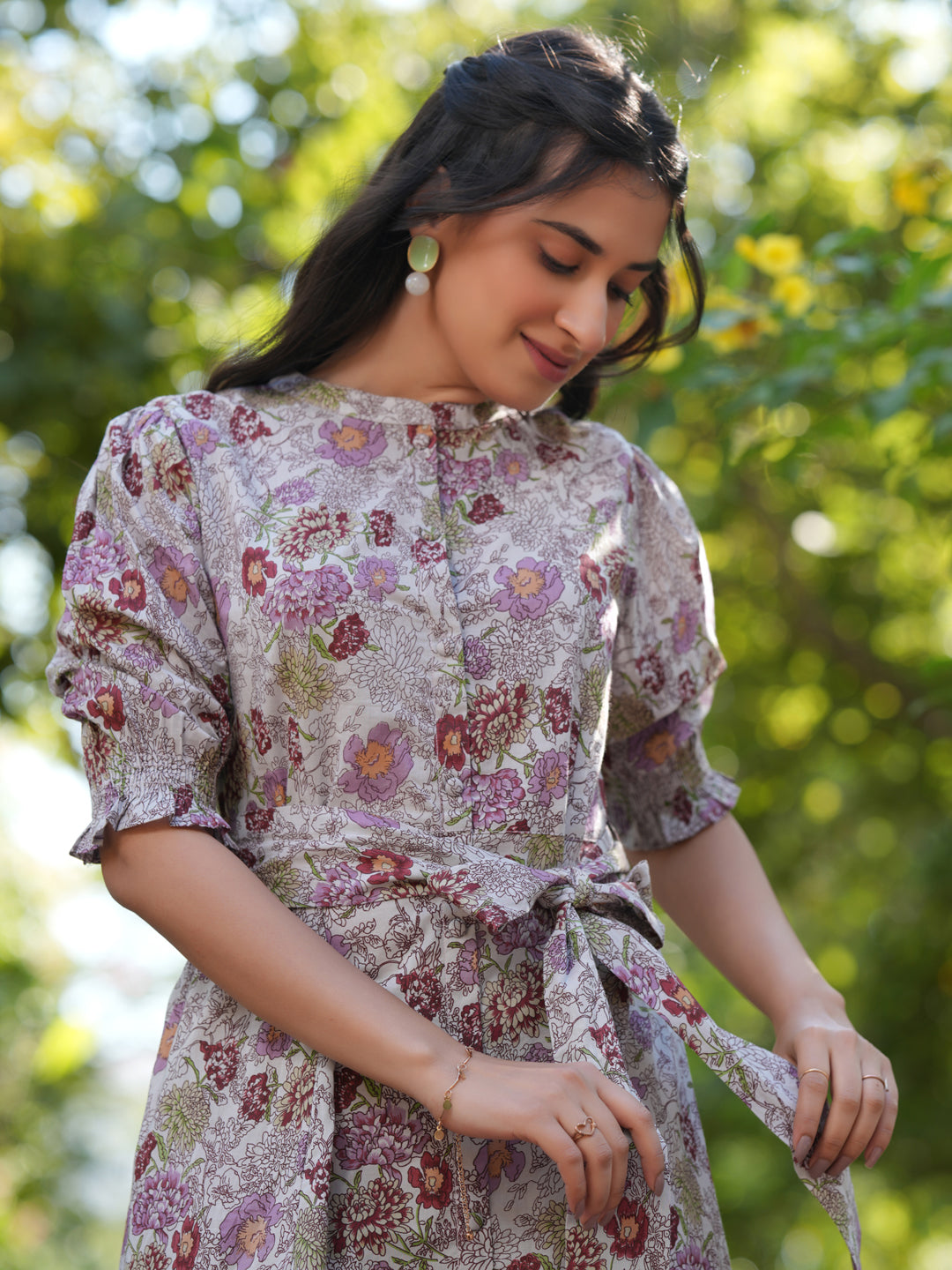Janasya Dark Cotton Floral A-Line Dress | Grocsy