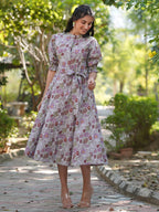 Janasya Dark Cotton Floral A-Line Dress | Grocsy