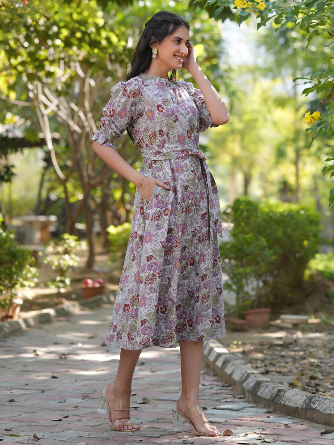 Janasya Dark Cotton Floral A-Line Dress | Grocsy