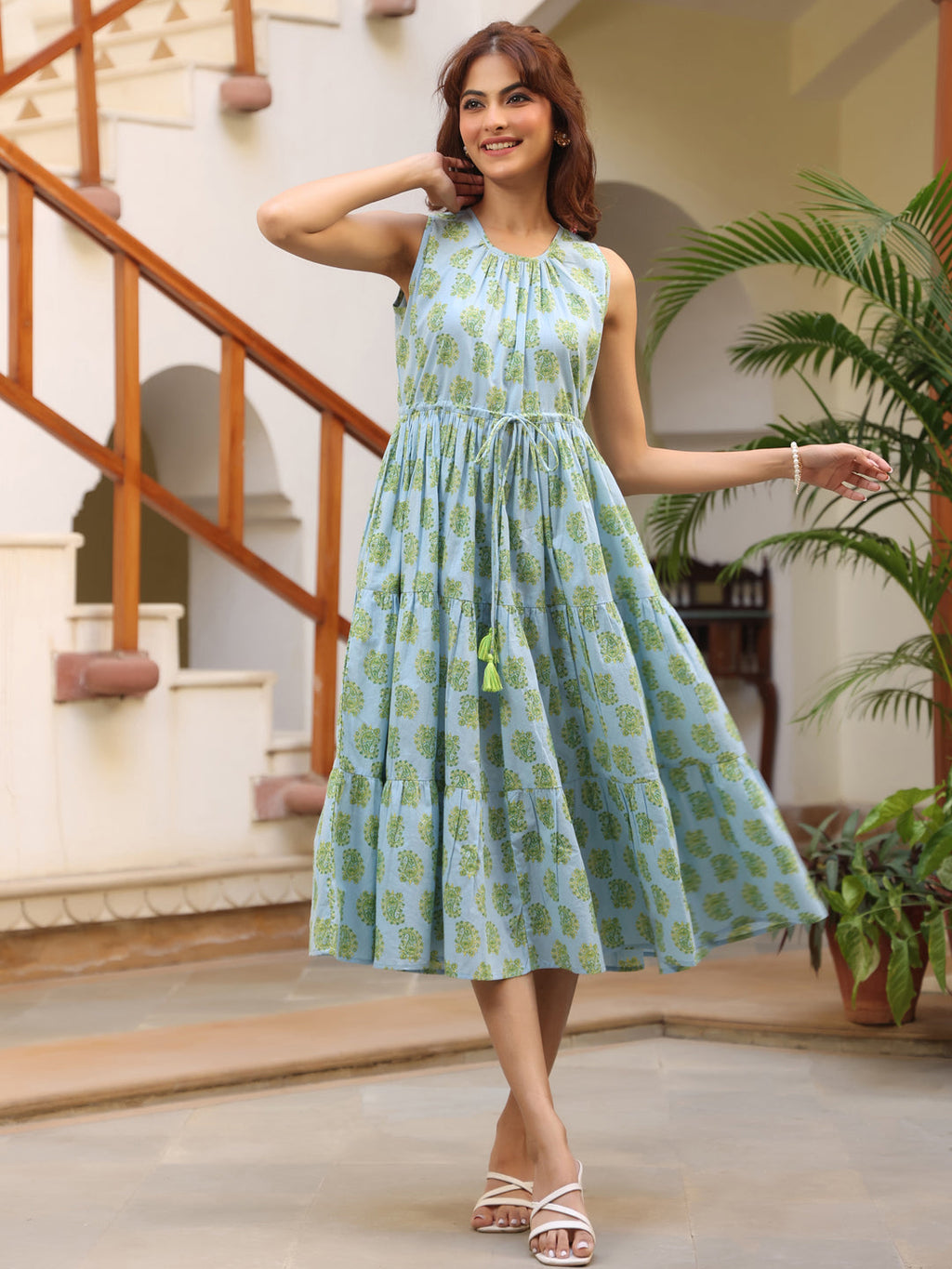 Janasya Light Cotton Paisley Tiered Dress | Grocsy