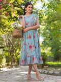 Janasya Bright Georgette Floral Tiered Dress | Grocsy