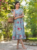 Janasya Bright Georgette Floral Tiered Dress | Grocsy