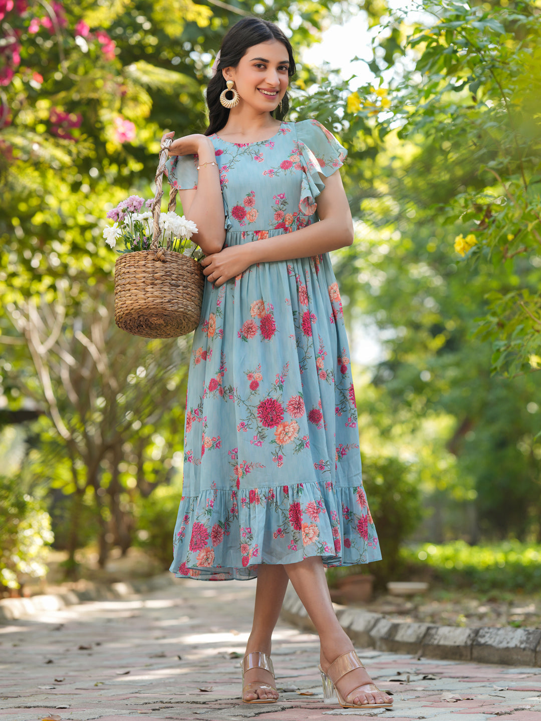 Janasya Bright Georgette Floral Tiered Dress | Grocsy
