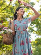 Janasya Bright Georgette Floral Tiered Dress | Grocsy