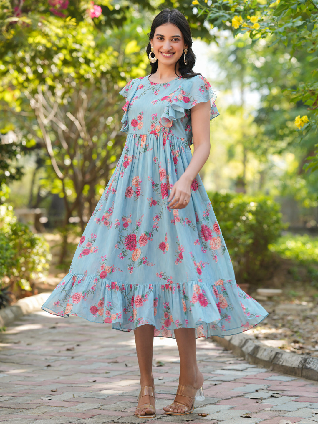 Janasya Bright Georgette Floral Tiered Dress | Grocsy