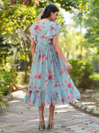 Janasya Bright Georgette Floral Tiered Dress | Grocsy
