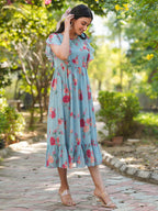 Janasya Bright Georgette Floral Tiered Dress | Grocsy