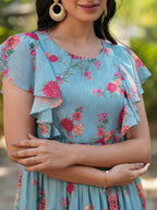 Janasya Bright Georgette Floral Tiered Dress | Grocsy