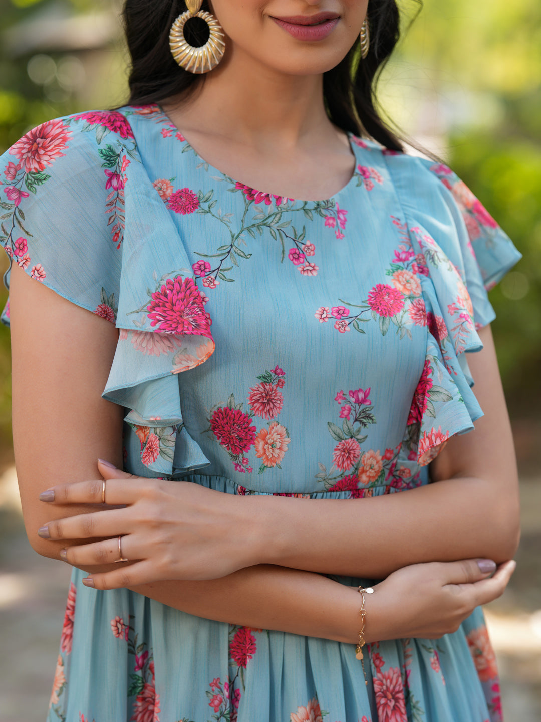 Janasya Bright Georgette Floral Tiered Dress | Grocsy