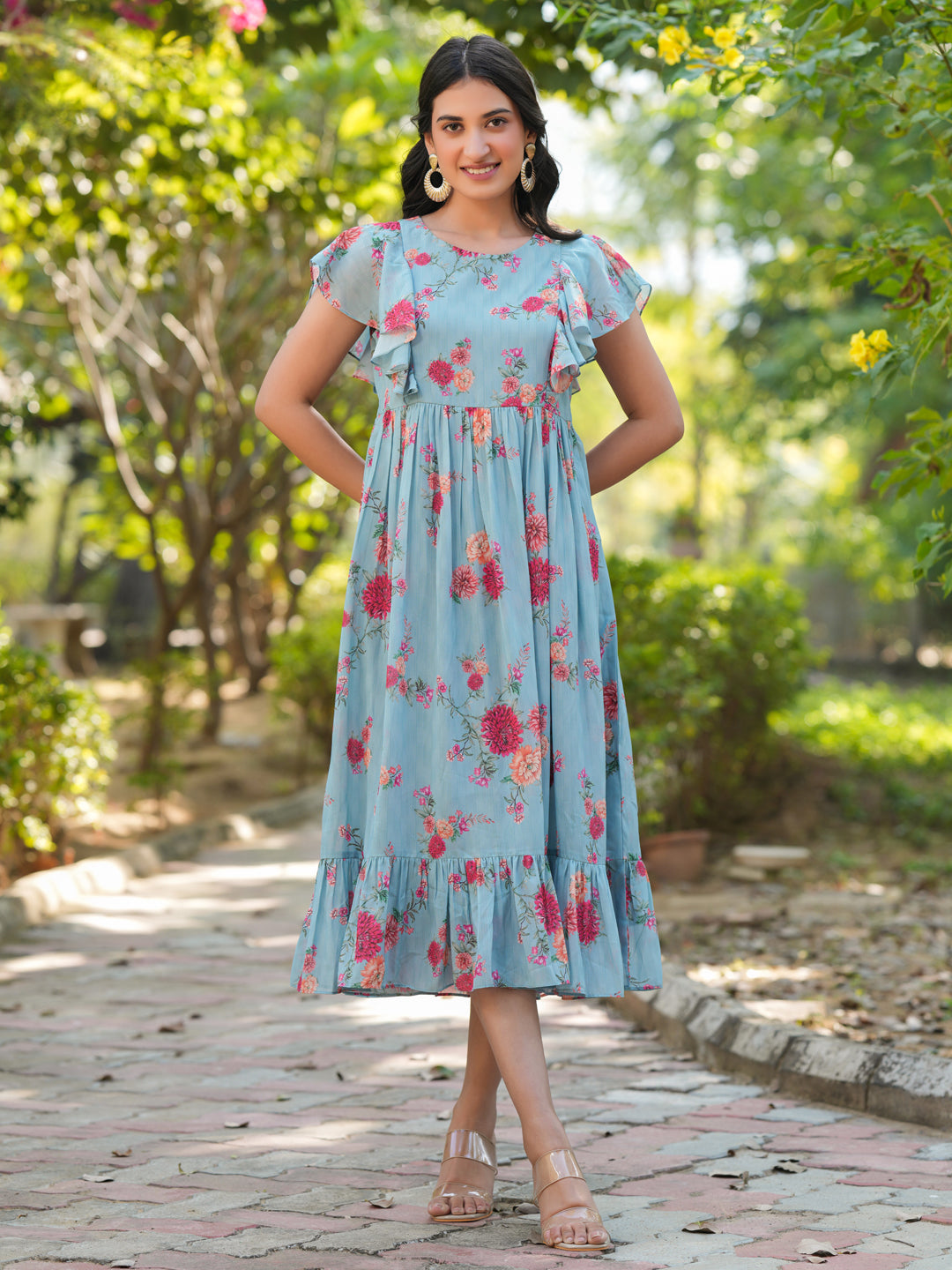 Janasya Bright Georgette Floral Tiered Dress | Grocsy