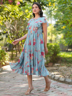 Janasya Bright Georgette Floral Tiered Dress | Grocsy
