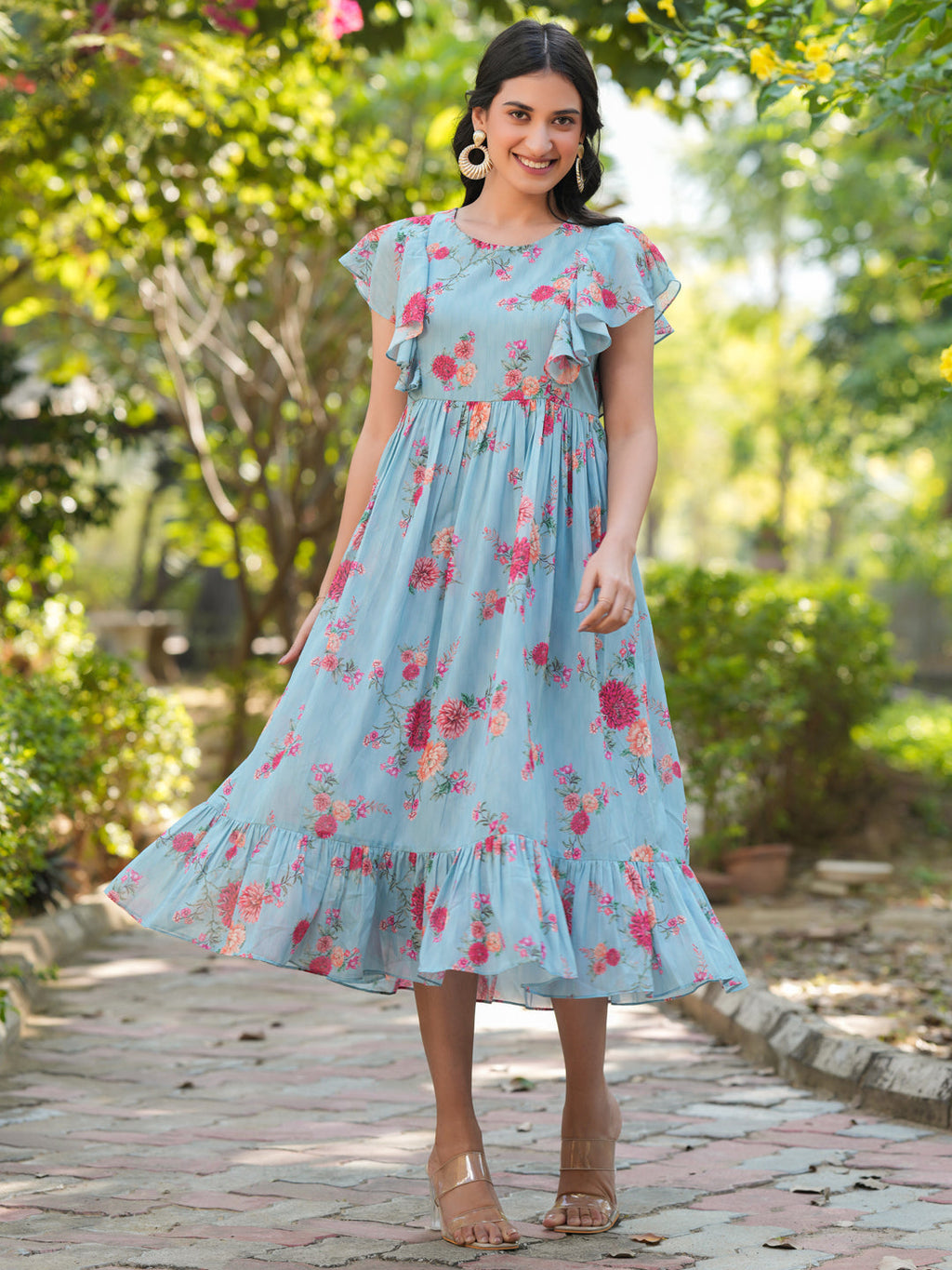 Janasya Bright Georgette Floral Tiered Dress | Grocsy