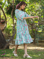 Janasya Bright Georgette Floral Tiered Dress | Grocsy