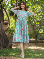 Janasya Bright Georgette Floral Tiered Dress | Grocsy