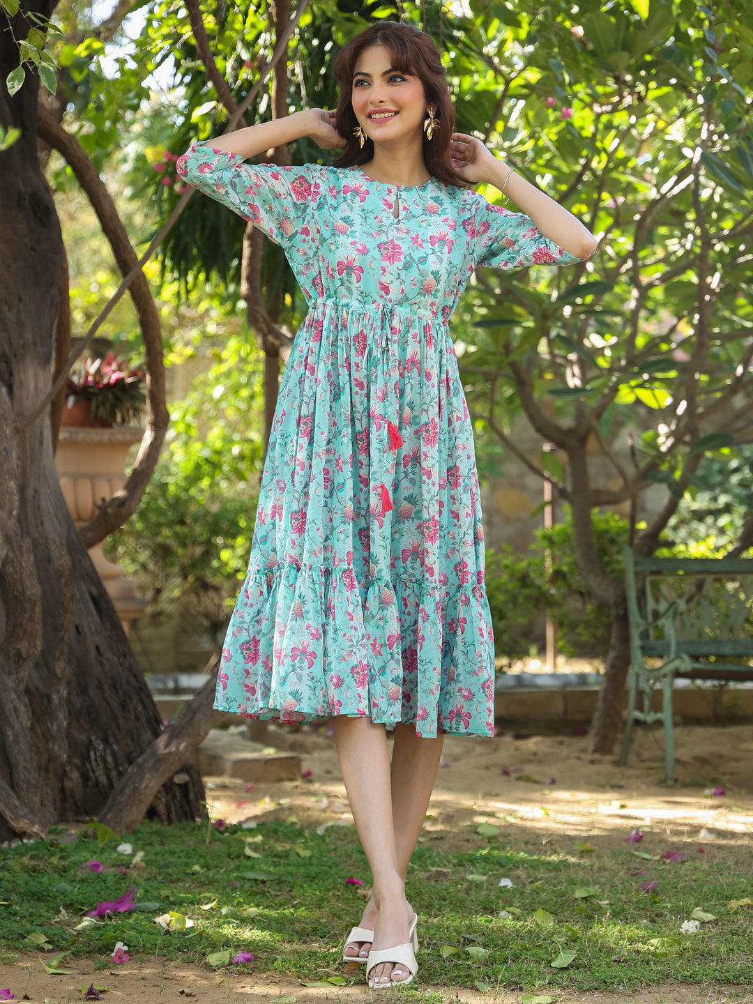 Janasya Bright Georgette Floral Tiered Dress | Grocsy