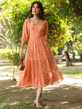 Janasya Bright Georgette Floral Tiered Dress | Grocsy