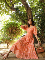 Janasya Bright Georgette Floral Tiered Dress | Grocsy