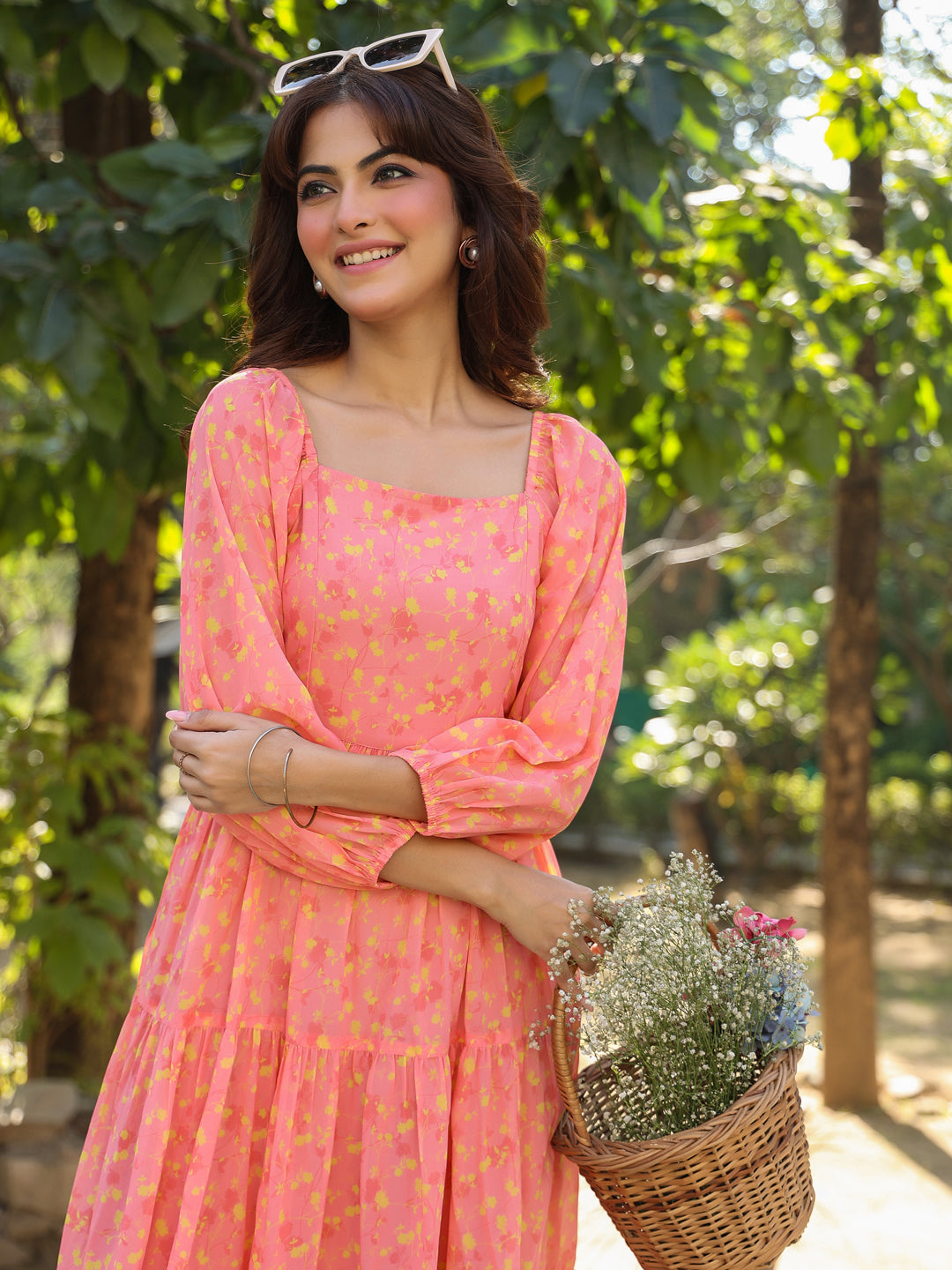Janasya Light Georgette Floral Tiered Dress | Grocsy
