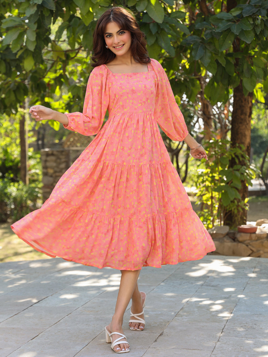 Janasya Light Georgette Floral Tiered Dress | Grocsy
