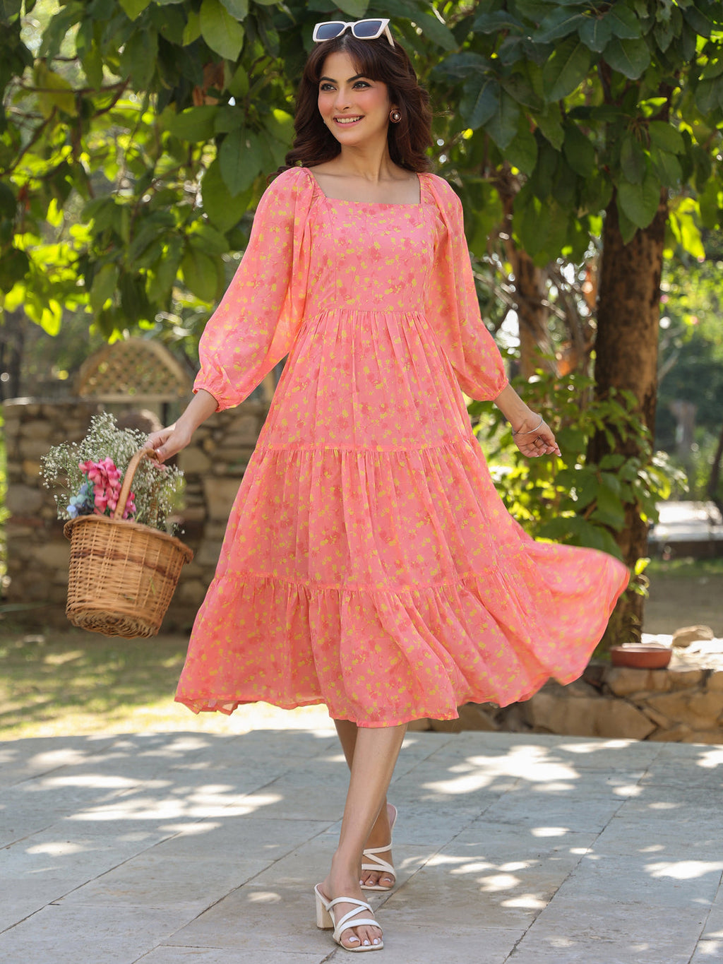 Janasya Light Georgette Floral Tiered Dress | Grocsy
