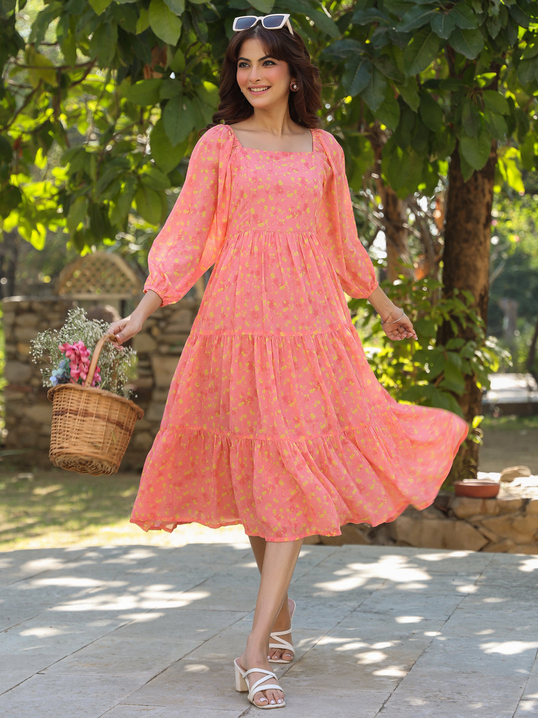 Janasya Light Georgette Floral Tiered Dress | Grocsy